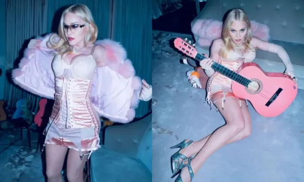 Madonna recreates iconic &ldquo;Blond Ambition&rdquo; look in pink corset, fur, and  guitar