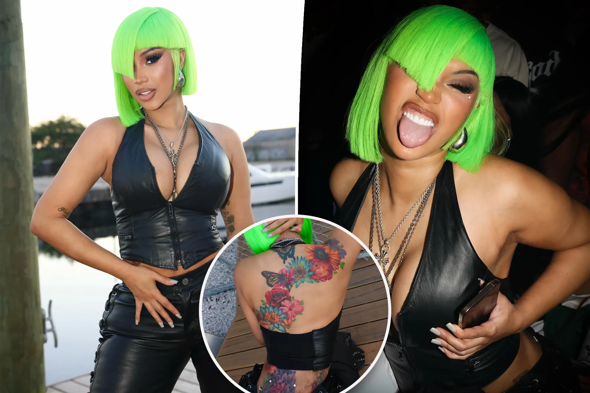 Cardi B shows off new neck and back dermal piercings in plunging second-skin leather look